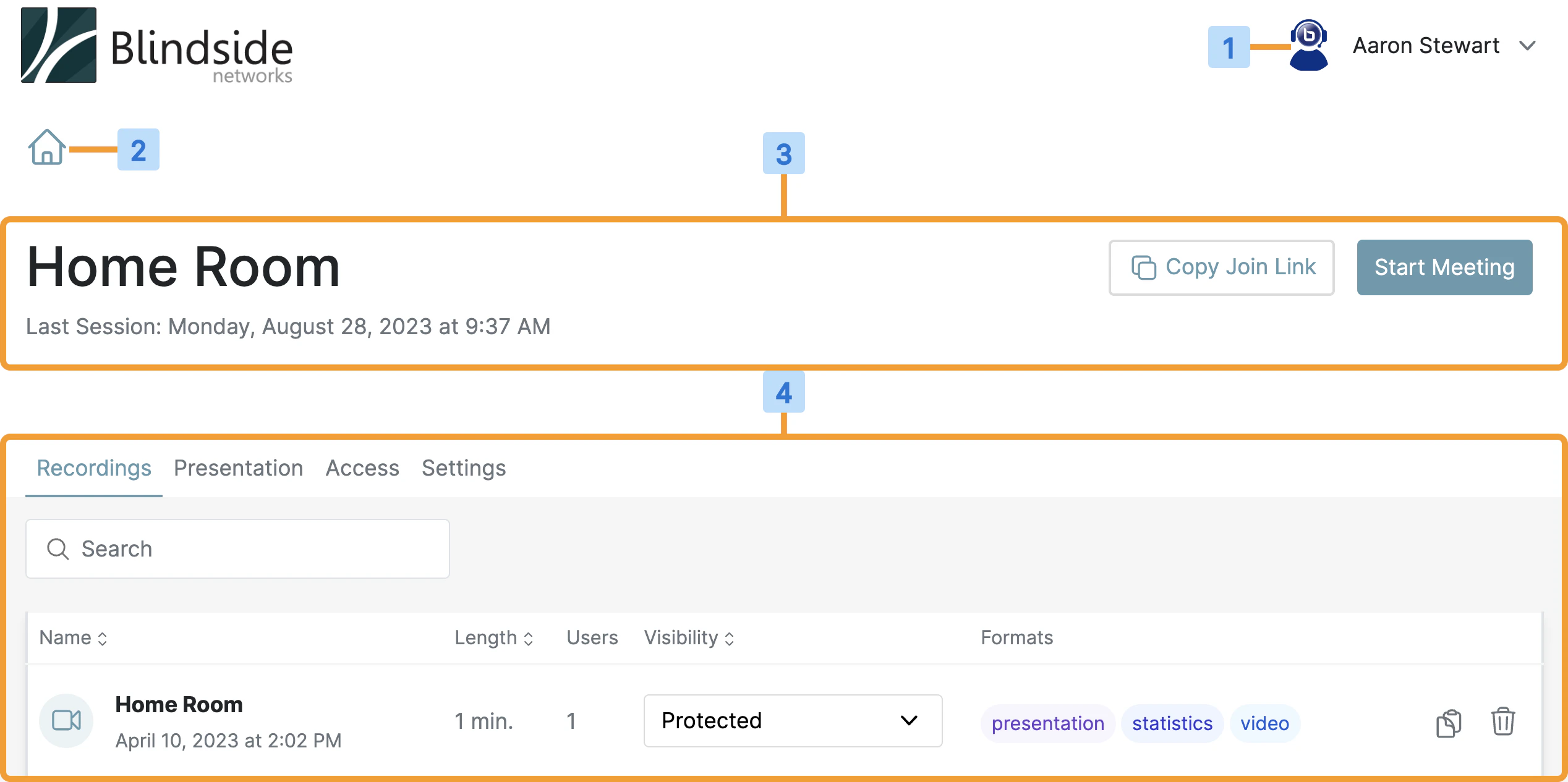 Personal Rooms main page with Account Information, Home Button, Personal Room Manager, and Recordings Manager areas highlighted