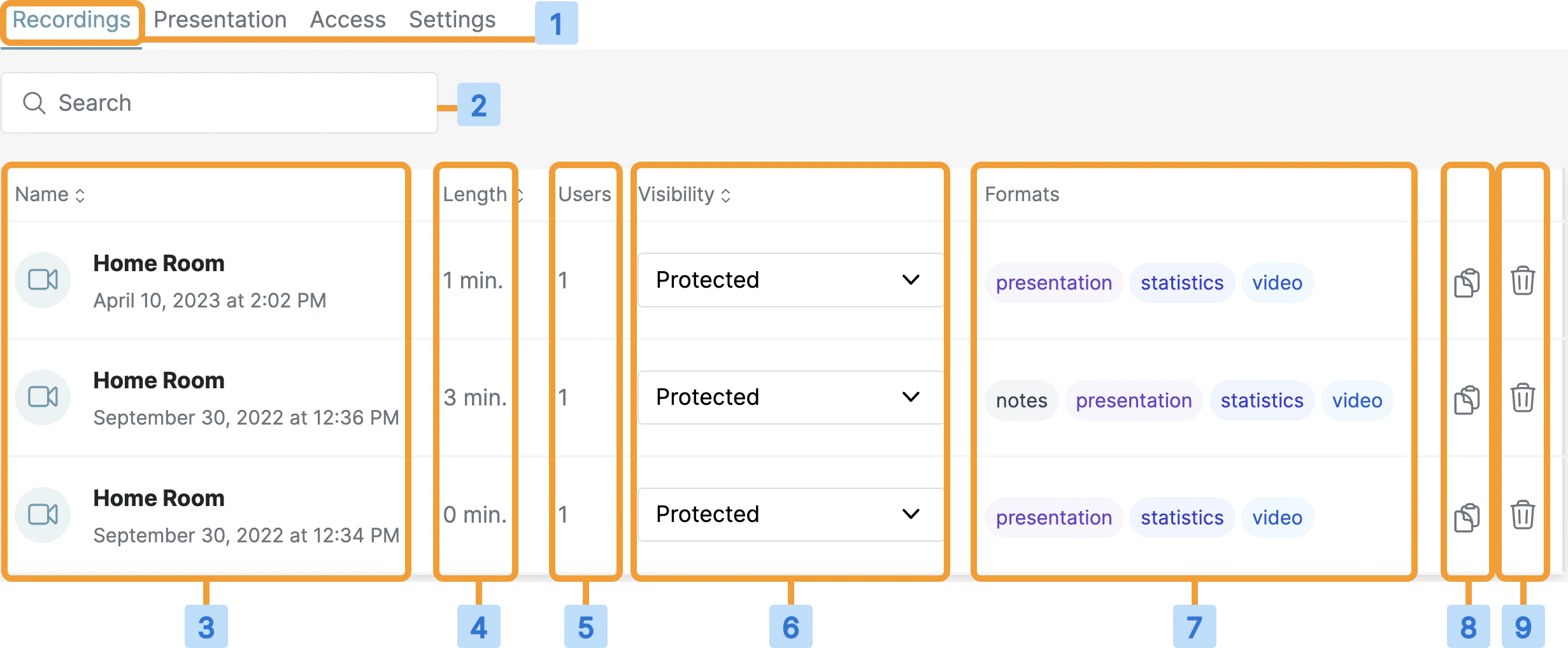 Recordings tab listing recordings for the selected room with name, date, length, attendees, visibility, and format columns
