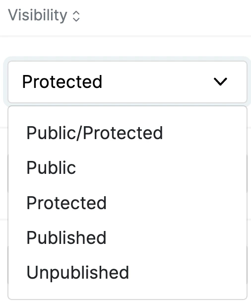 Recording visibility dropdown showing Public, Protected, Published, and Unpublished options