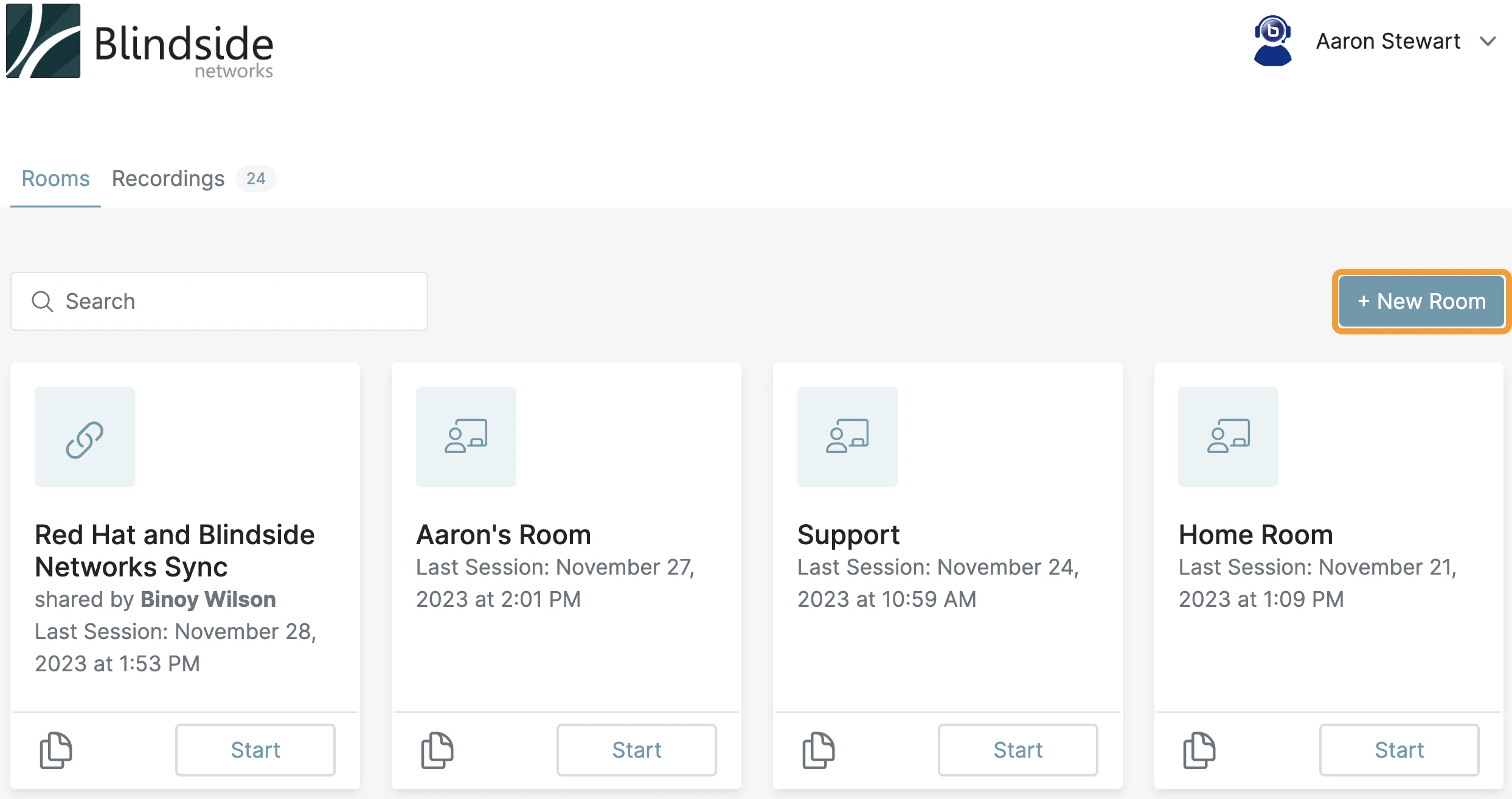 Personal Rooms Home Page after logging in