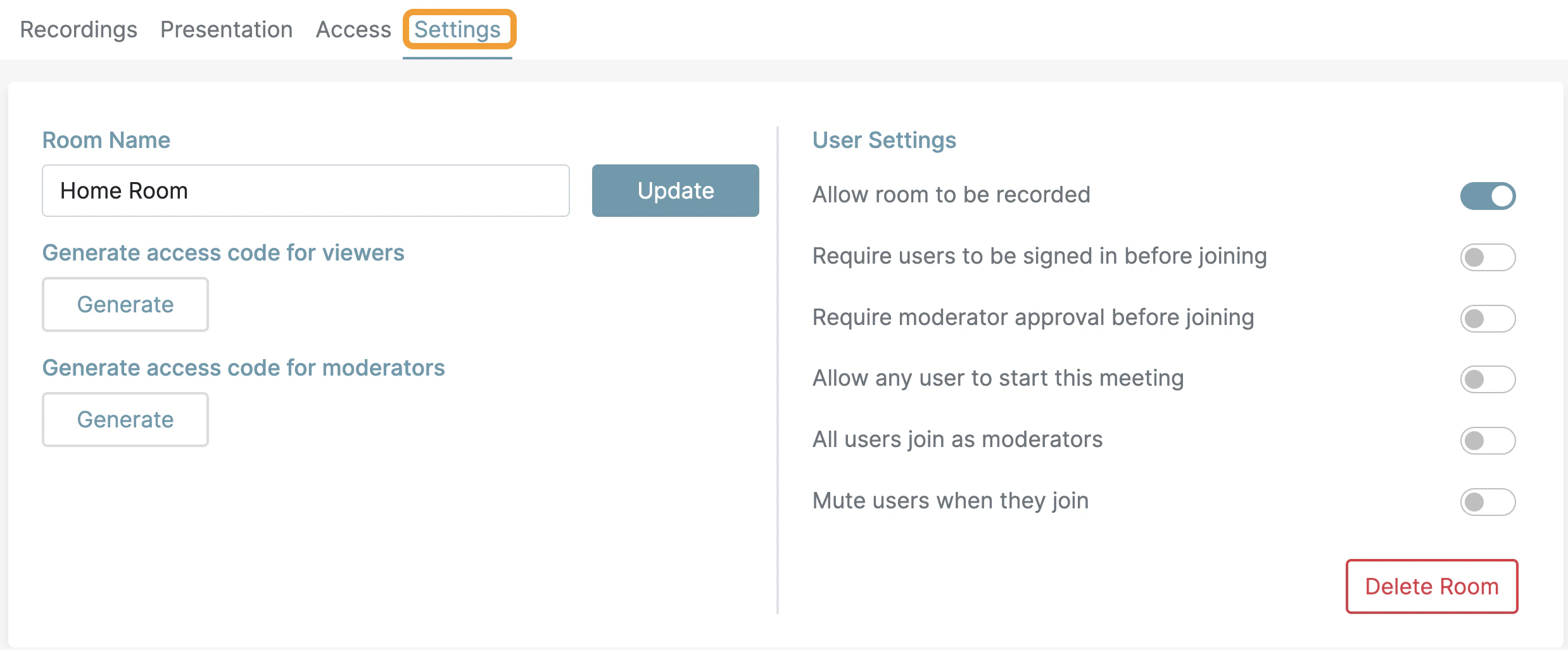 Settings tab on a personal room