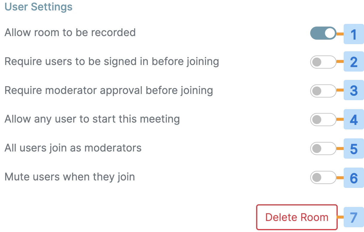 User settings panel with toggles for recording, sign-in, moderator approval, mute on join, and delete room