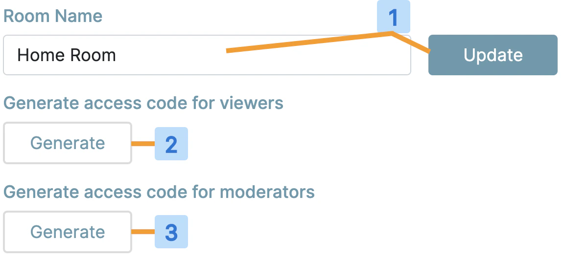 Room settings panel for changing the room name and generating room and moderator access codes