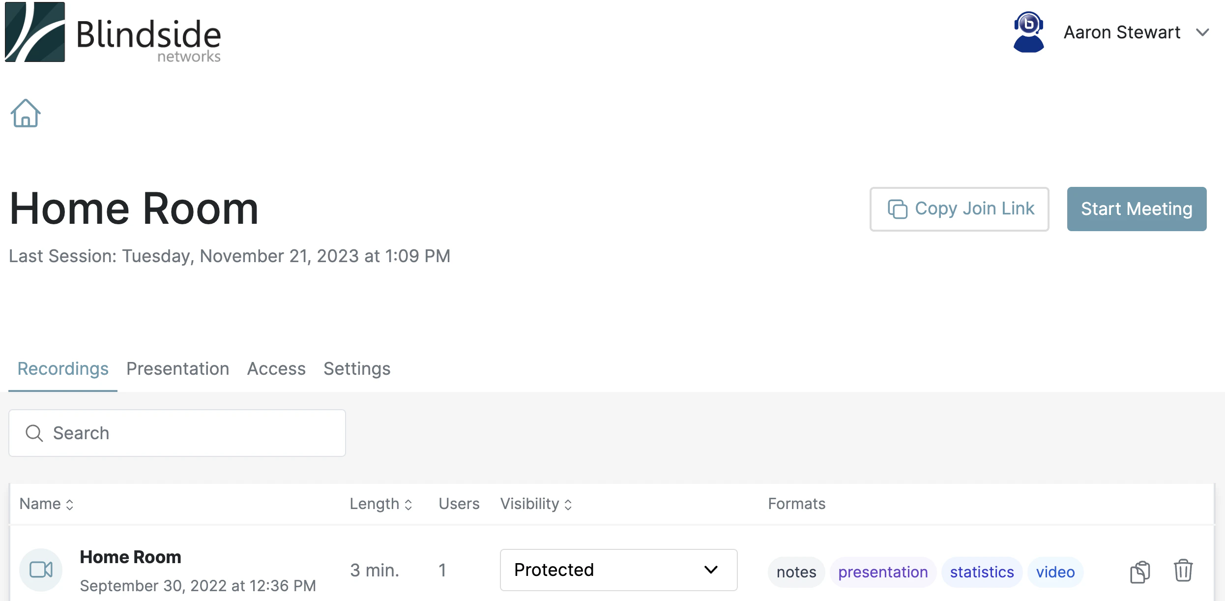 Room manager listing existing personal rooms to enter or manage