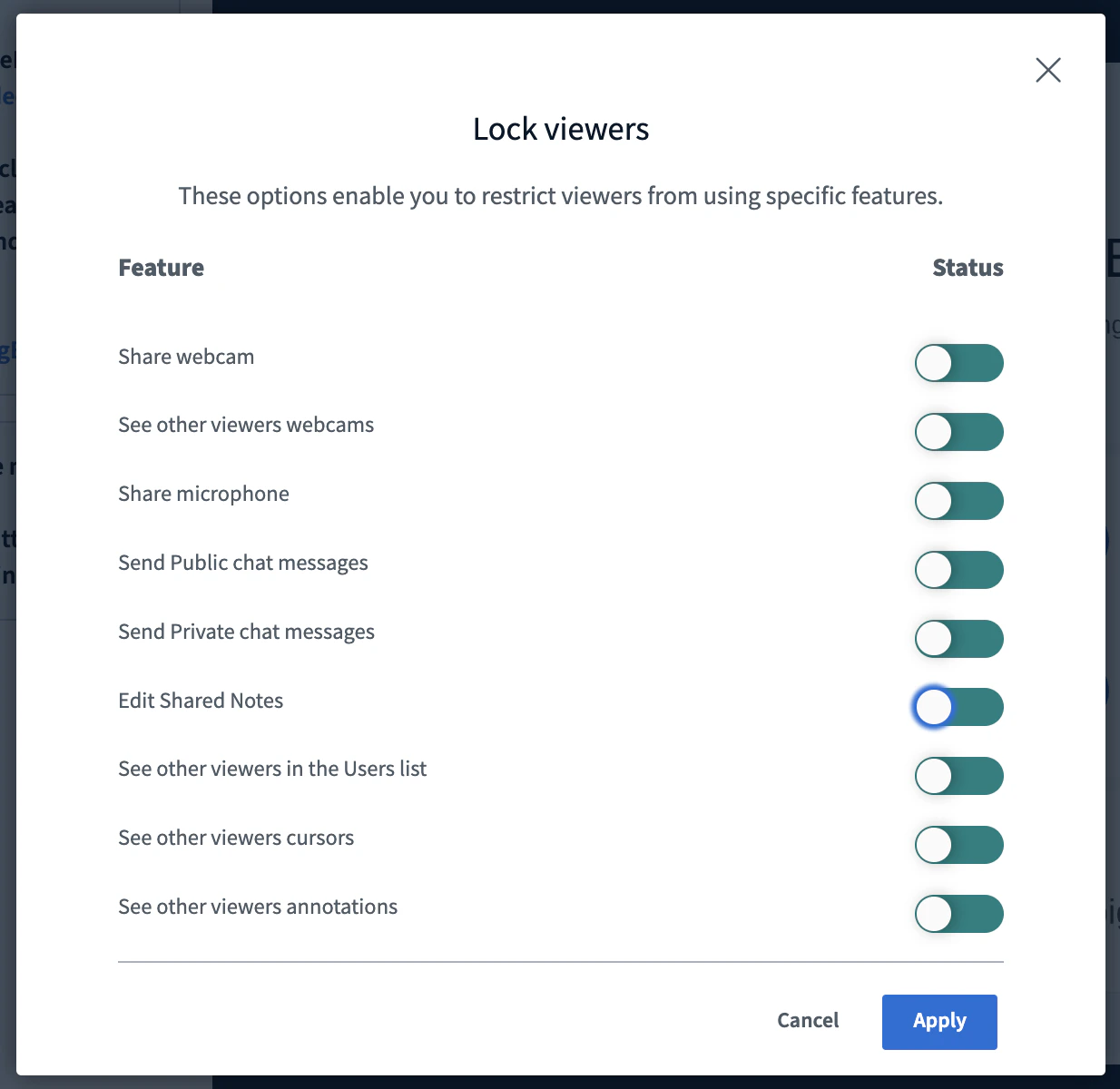 Lock viewers panel with toggles for restricting viewer features