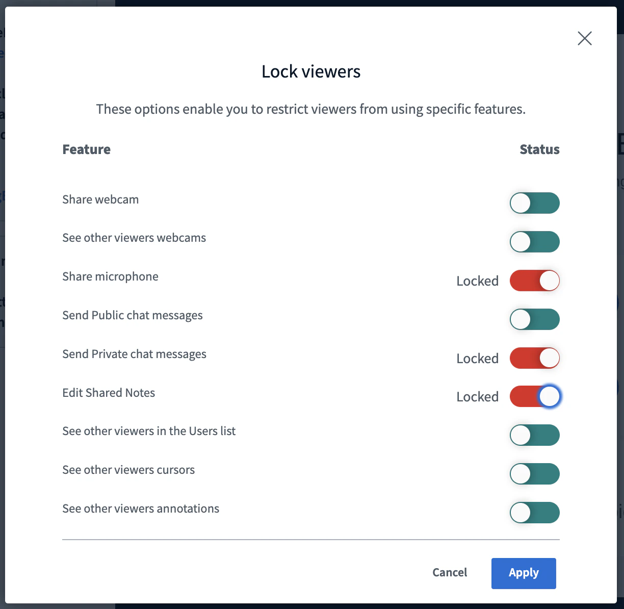Default lock settings applied at session start, restricting microphone, private chat, and shared notes editing