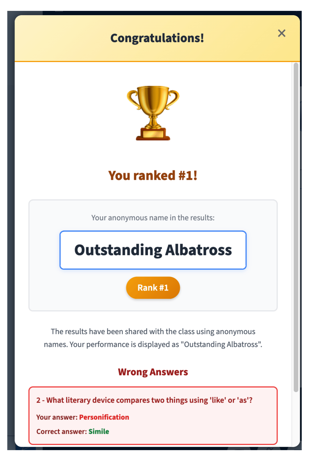Ranked #1 as Outstanding Albatross in a quiz