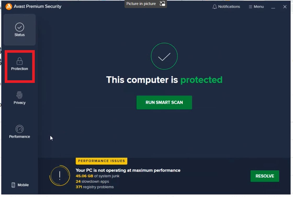 Protection icon highlighted in the Avast sidebar