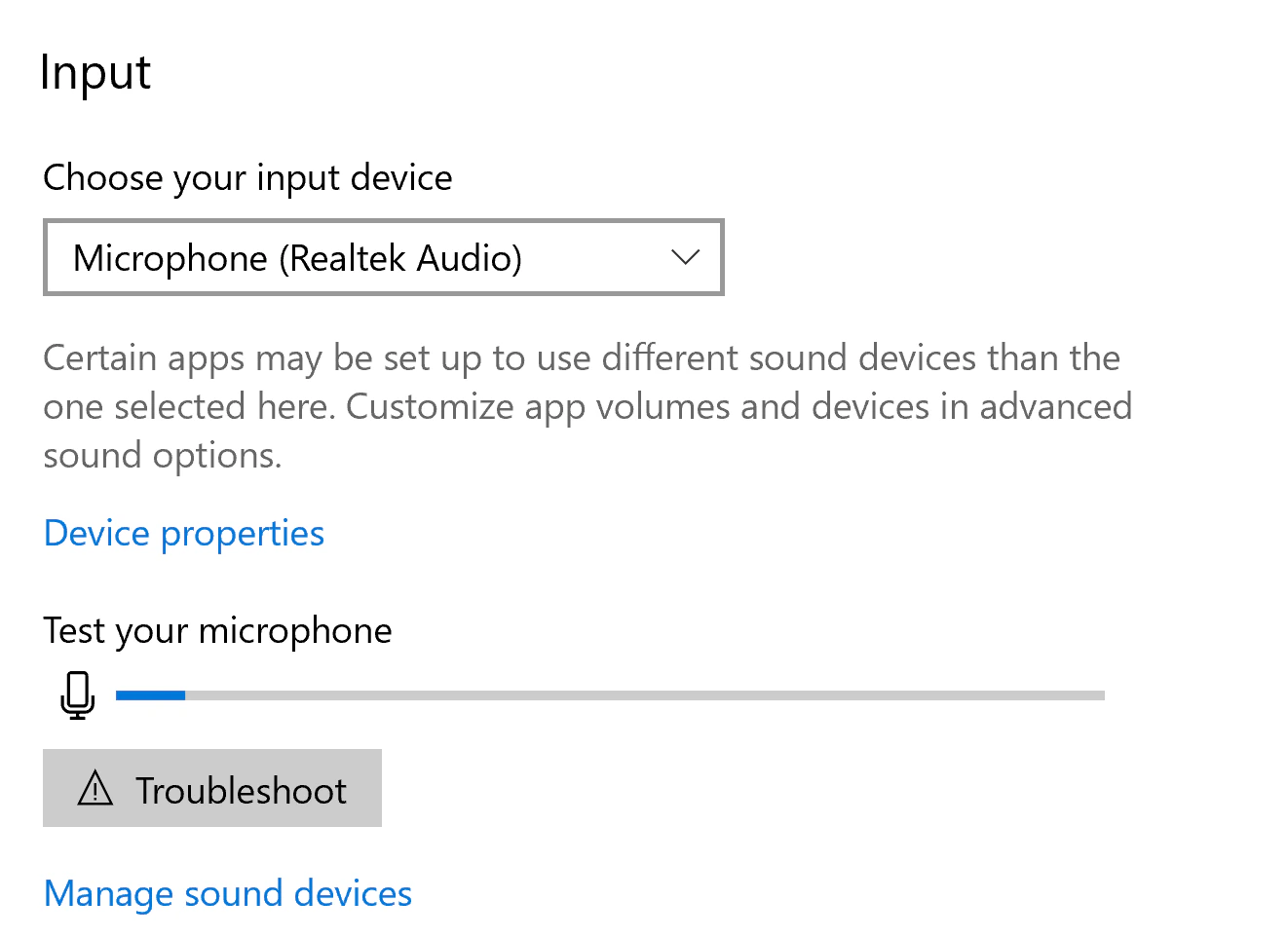 Windows sound input settings