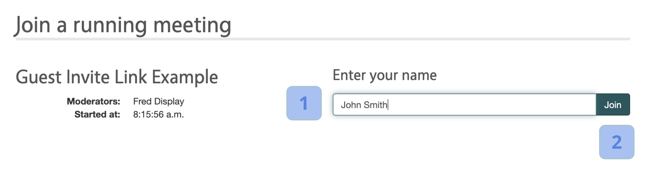 Join a running meeting prompt with name field and Join button