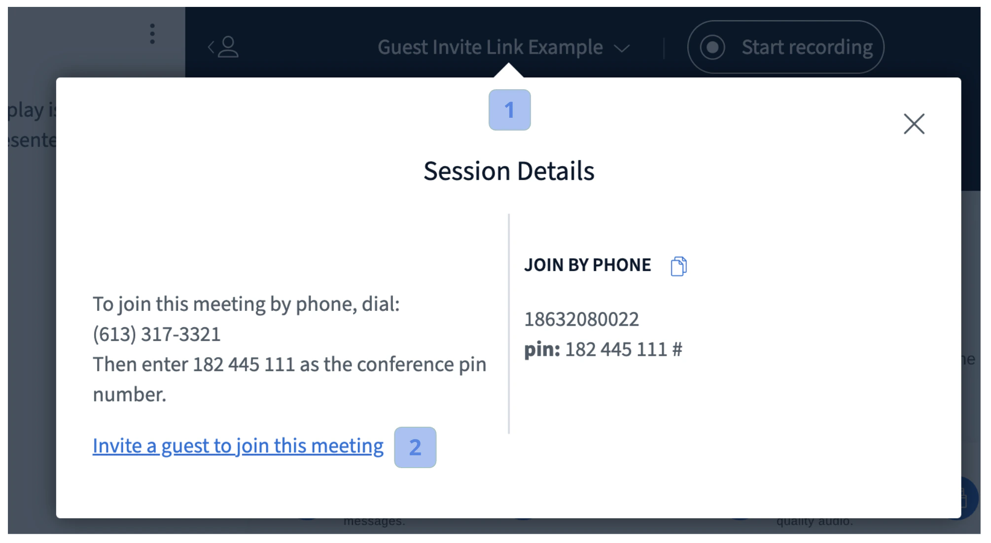 Session Details window showing the meeting title and Invite a guest option