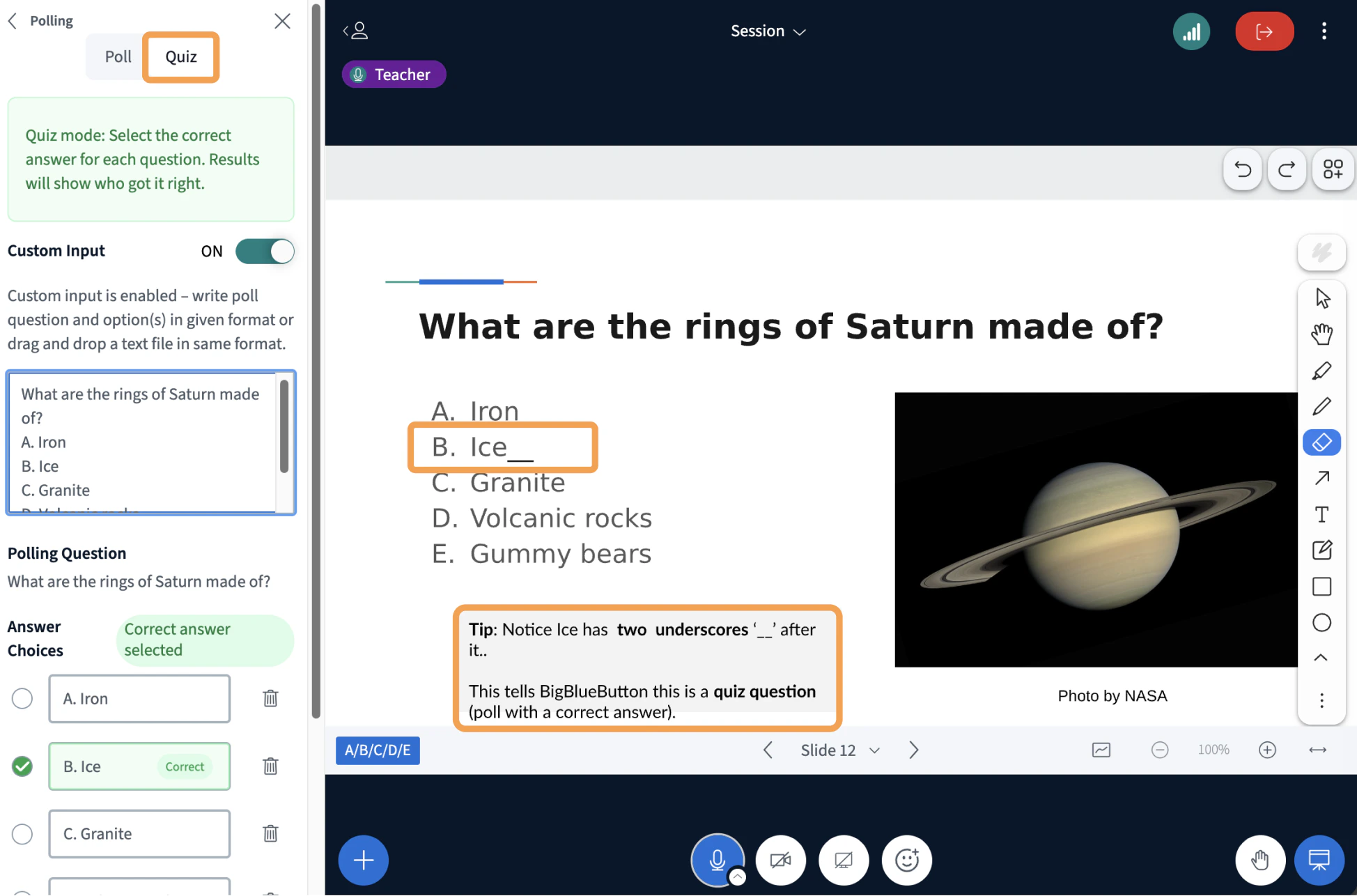 Quiz slide with hidden underscore marker