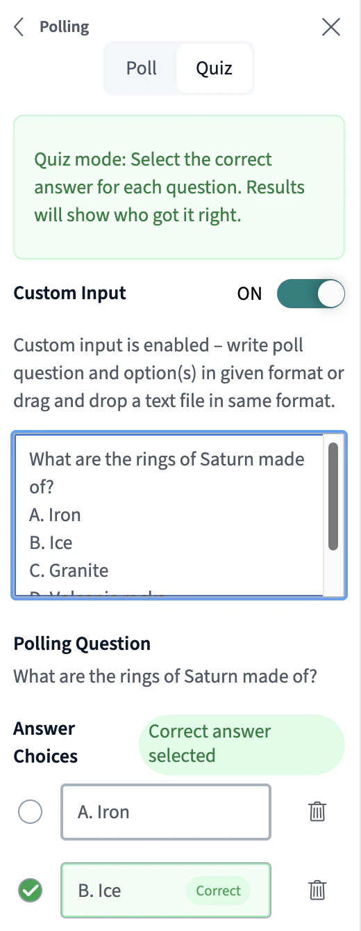 Quiz panel showing the correct answer marked