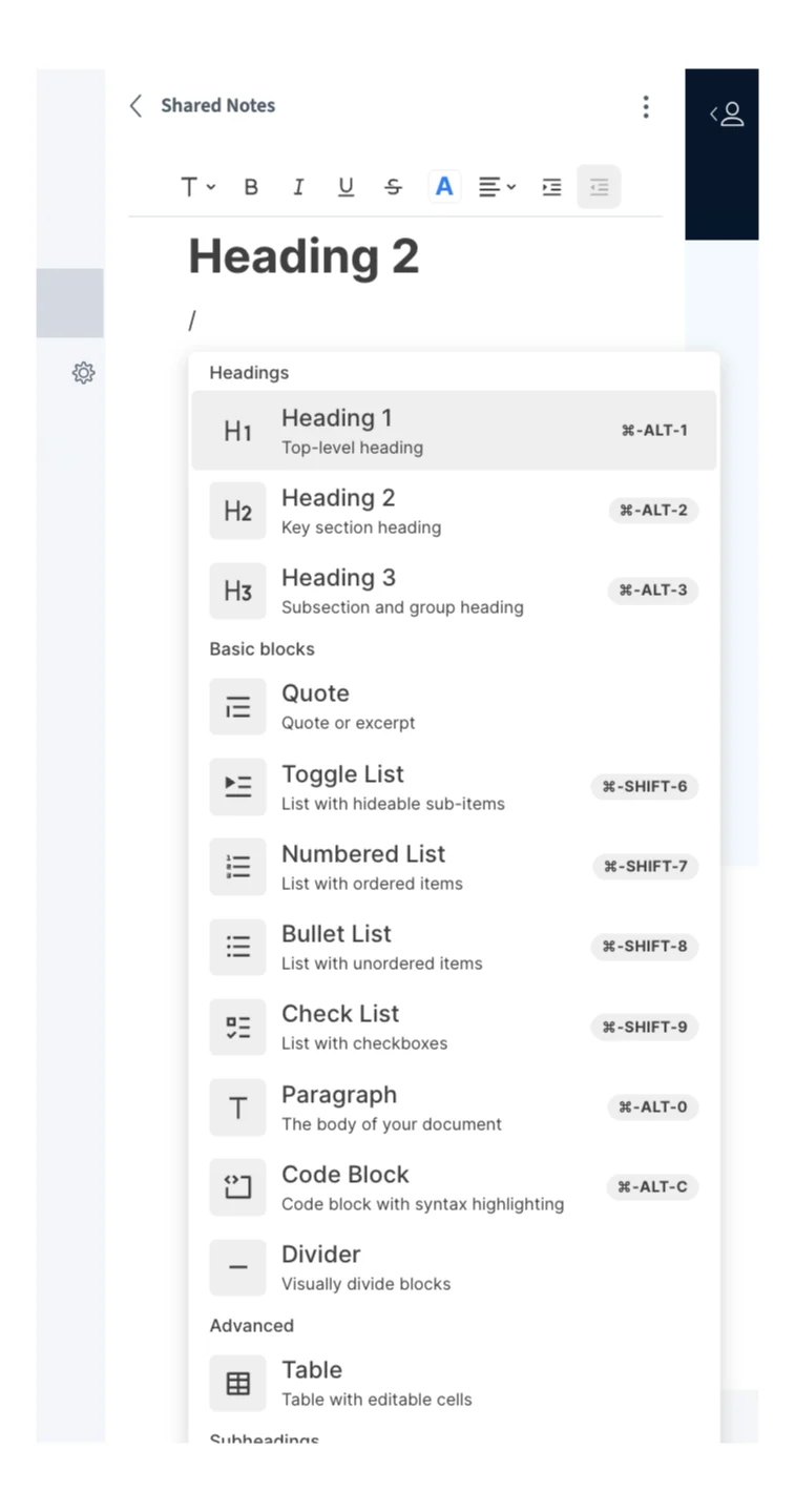 Note-taking app formatting options menu open
