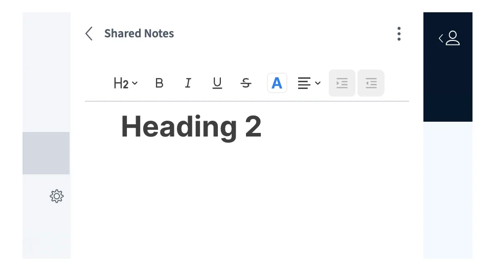 Text editor toolbar and Heading 2 text