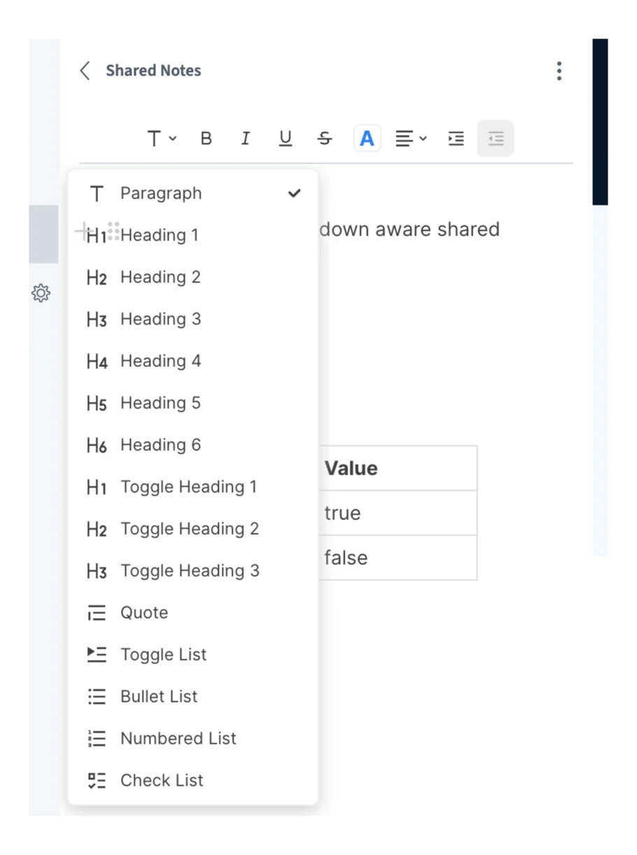 Text formatting dropdown menu in notes