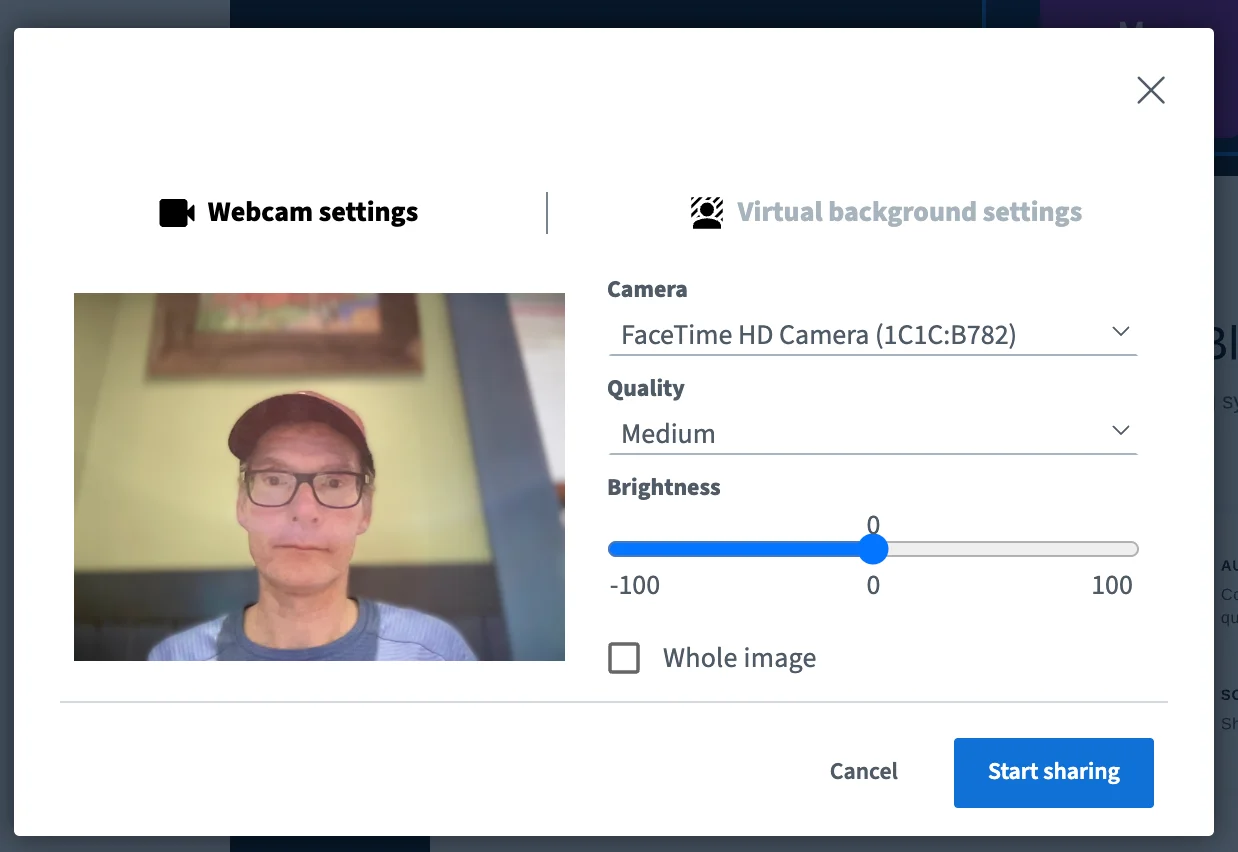 Webcam settings menu with video preview