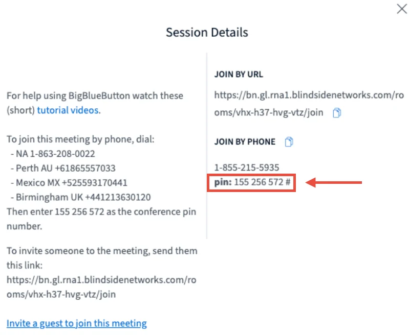 BigBlueButton dial-in panel showing the phone number and PIN 155 256 572