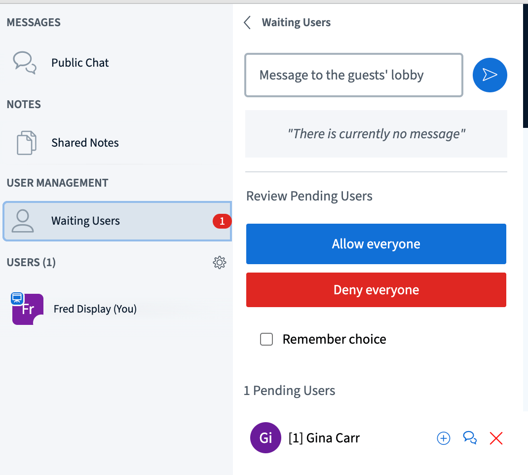 Waiting Users panel showing students requesting to join, with a (+) button to admit them