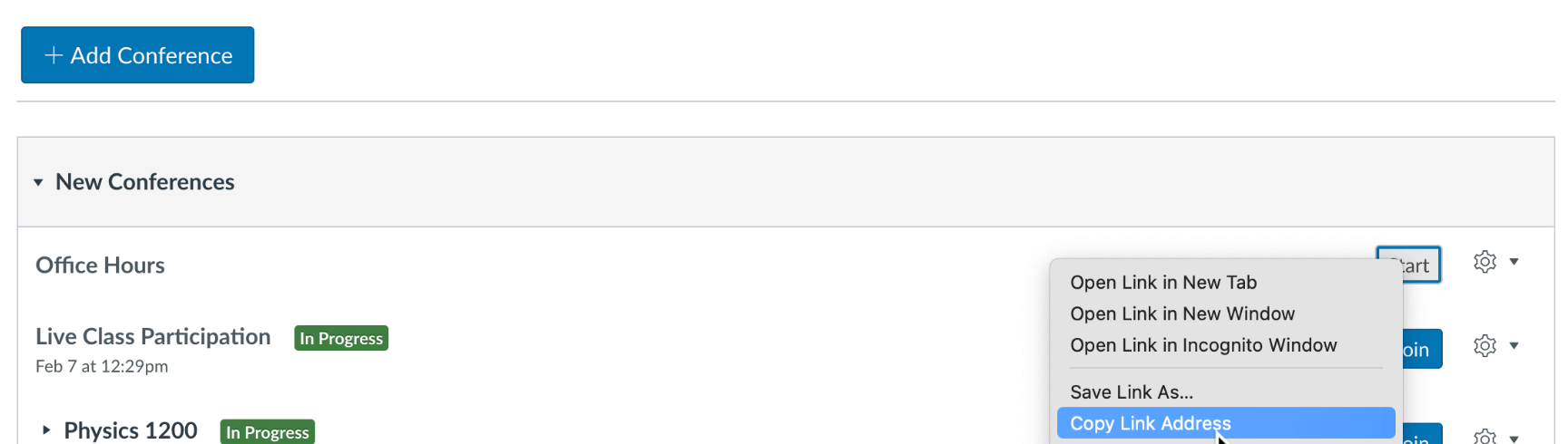 Right-click context menu on the Start/Join link with Copy Link address highlighted