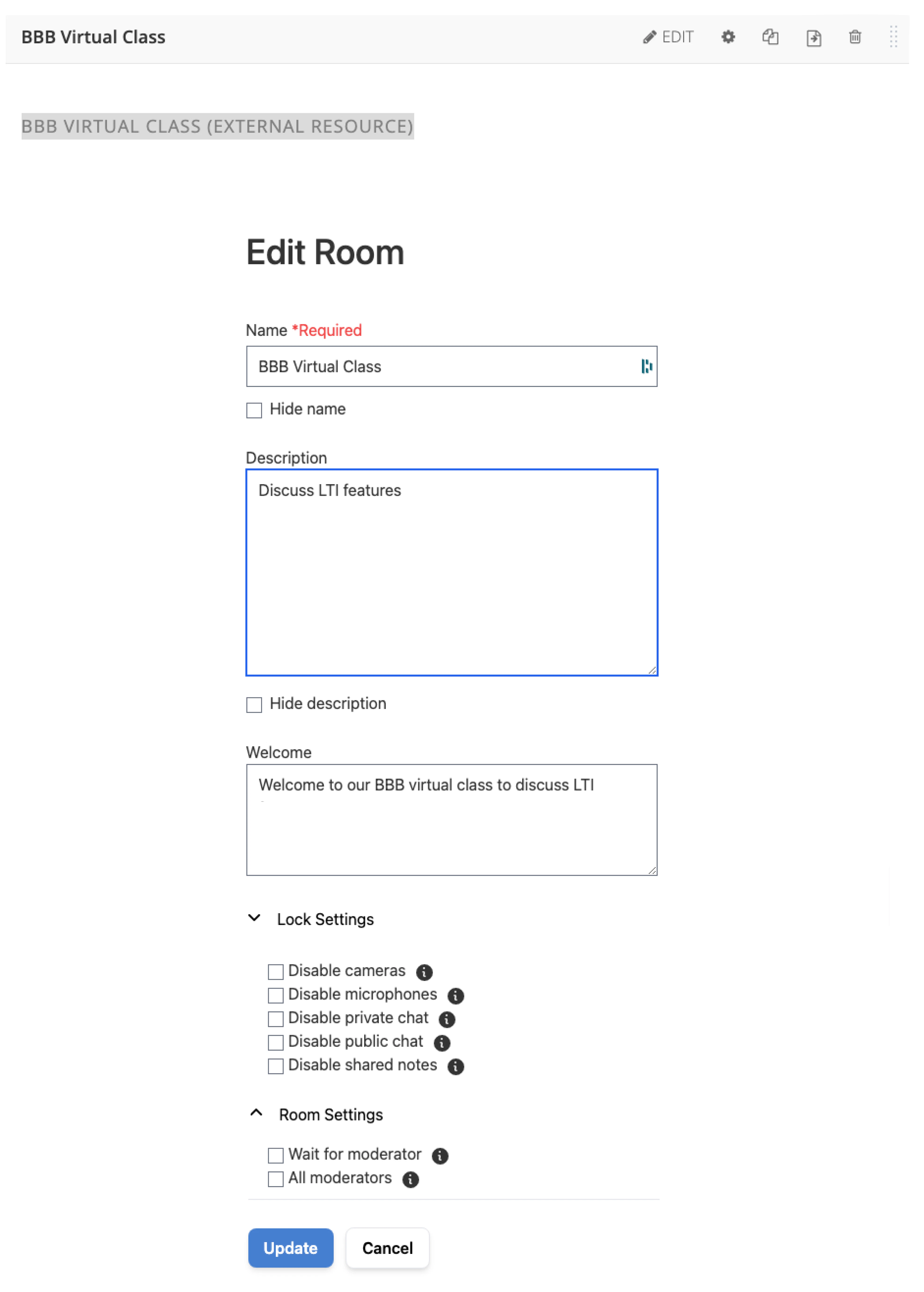 Edit Room interface for naming the room and configuring lock and room settings