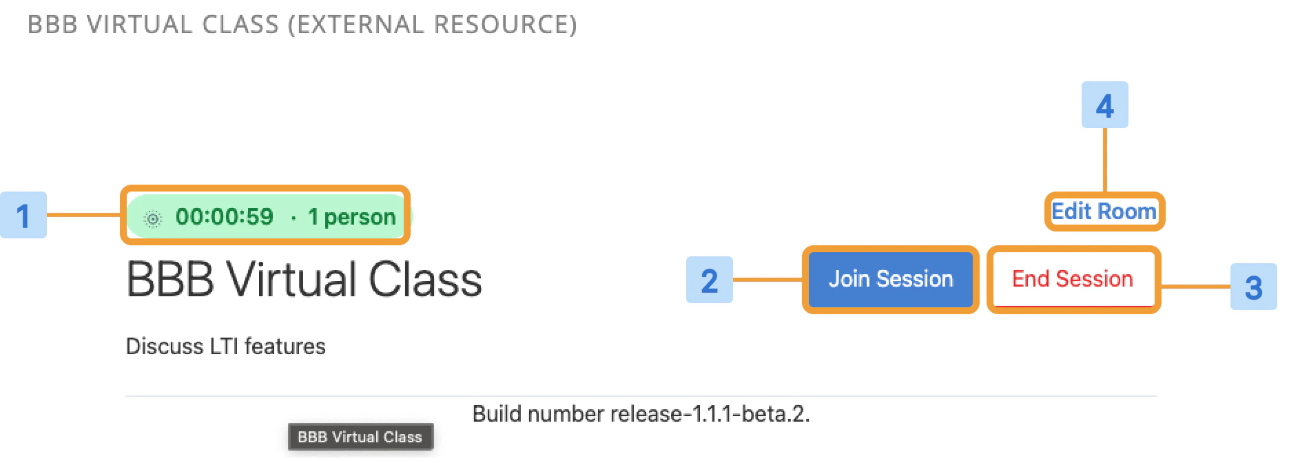 Room overview showing session running time, Join Session, End Session, and Edit Room buttons