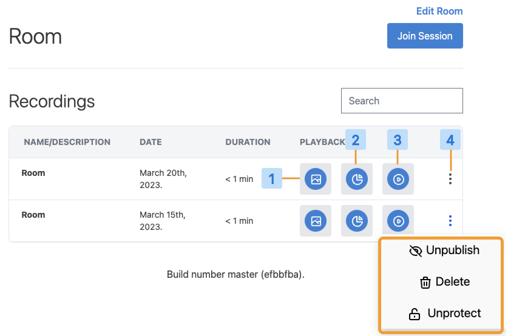 Recording management panel with controls for viewing presentations, statistics, recordings, and modifying recordings