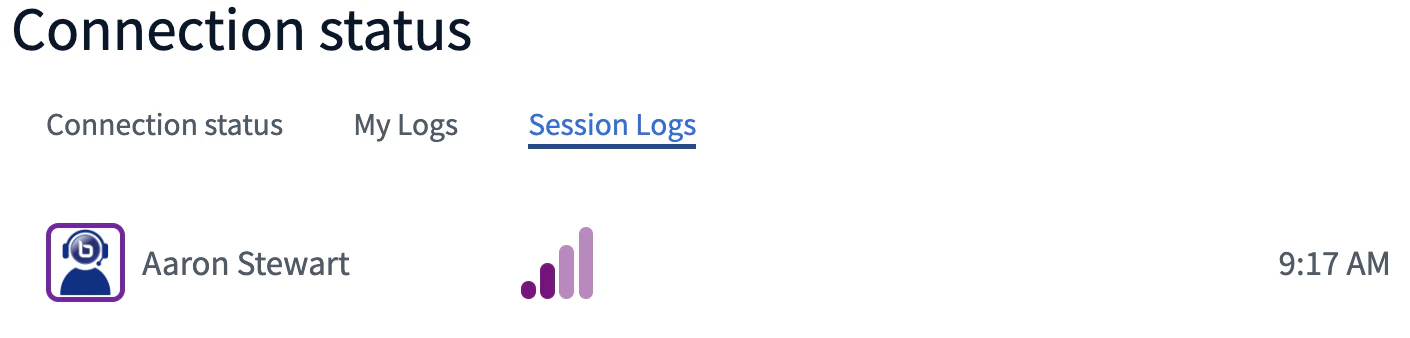 Session Logs tab showing connection issues for all users in the session
