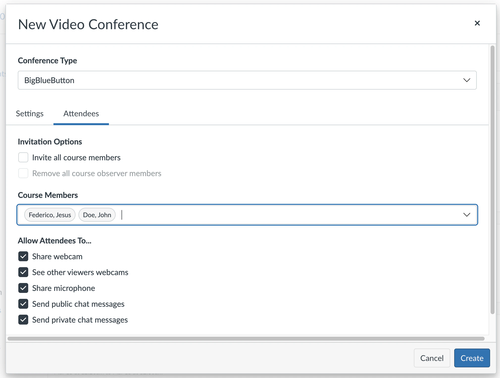 Canvas Conferences create form with the Members list showing John Doe and Jesus Federico