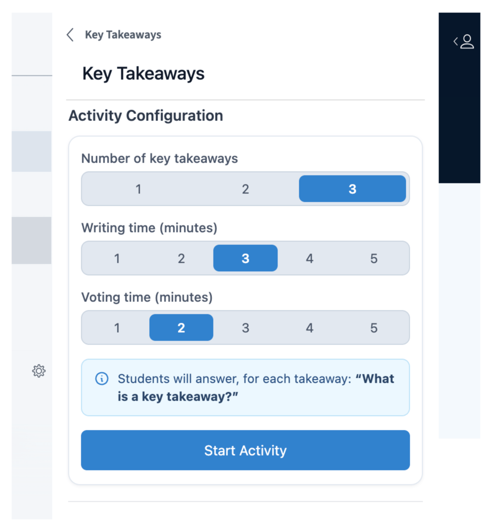 Key Takeaways activity configuration screen