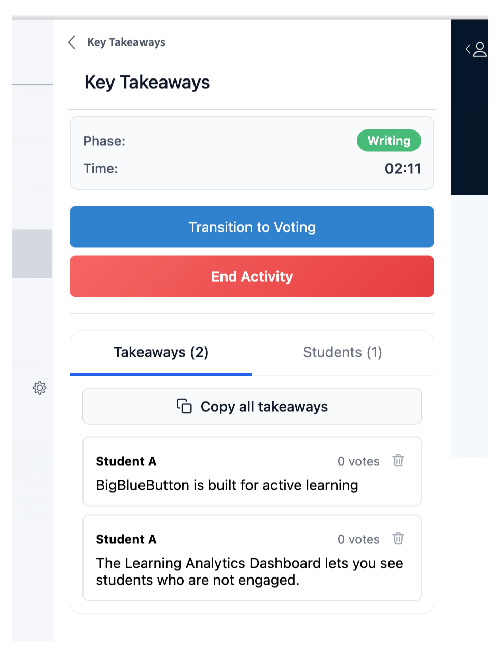 Key Takeaways activity with student input and live results