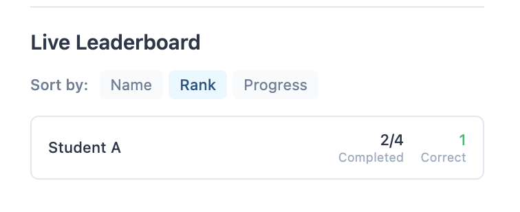 Leaderboard showing Student A's quiz progress