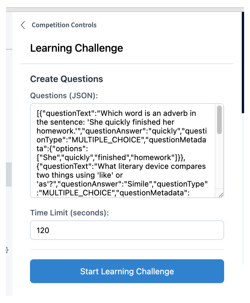 Learning Challenge question creation interface