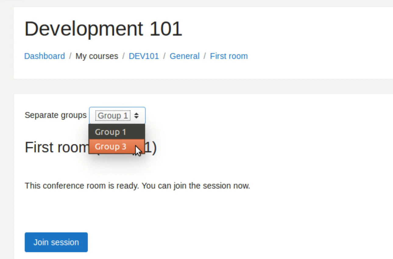 Room selector limited to the groups the user belongs to under Separate groups mode