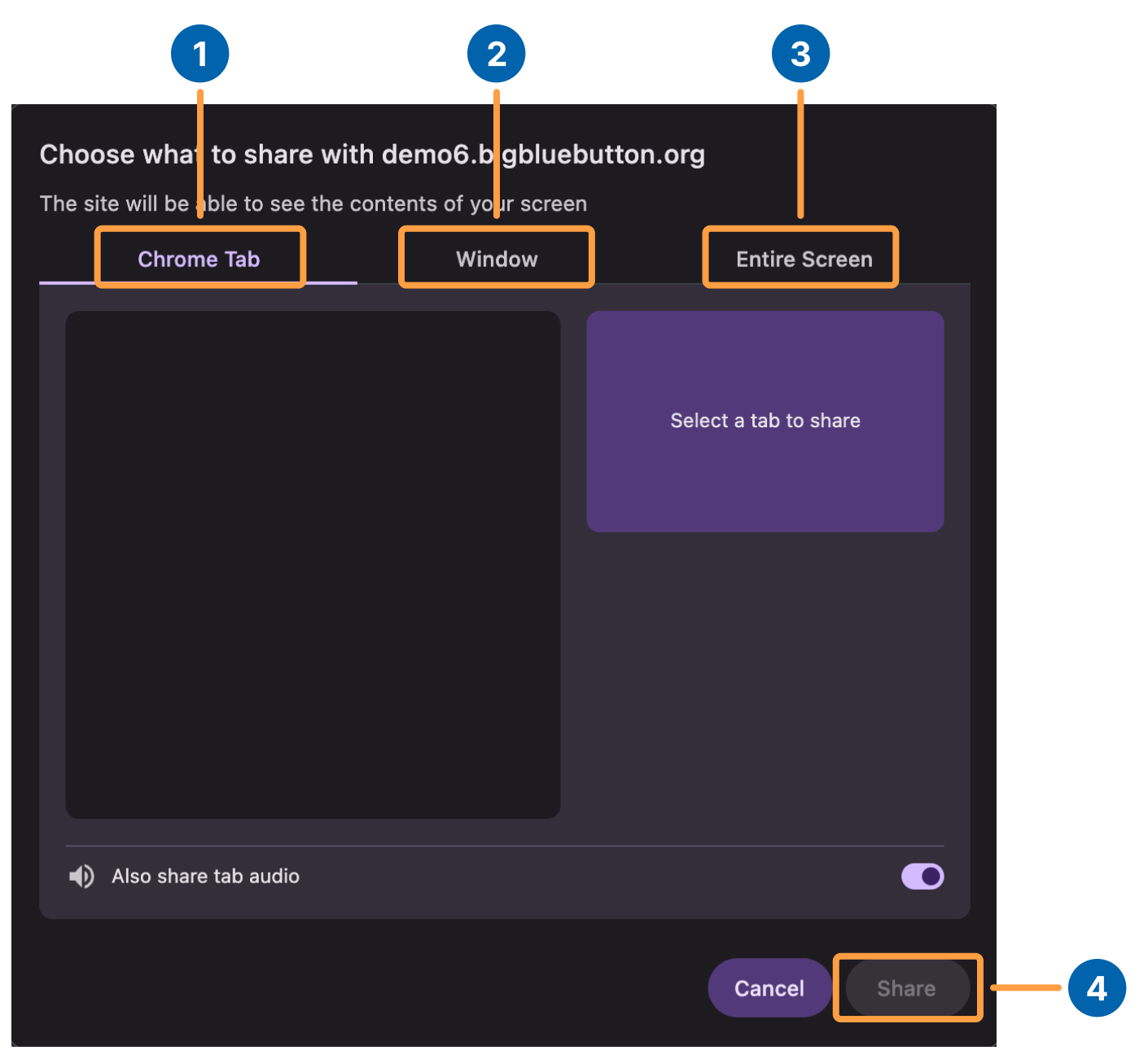 Chrome screen sharing dialog with Chrome Tab, Window, Entire Screen, and Share options