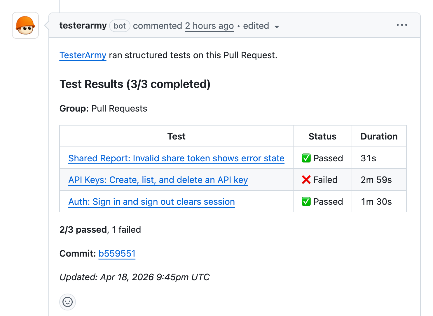 Predefined tests PR comment