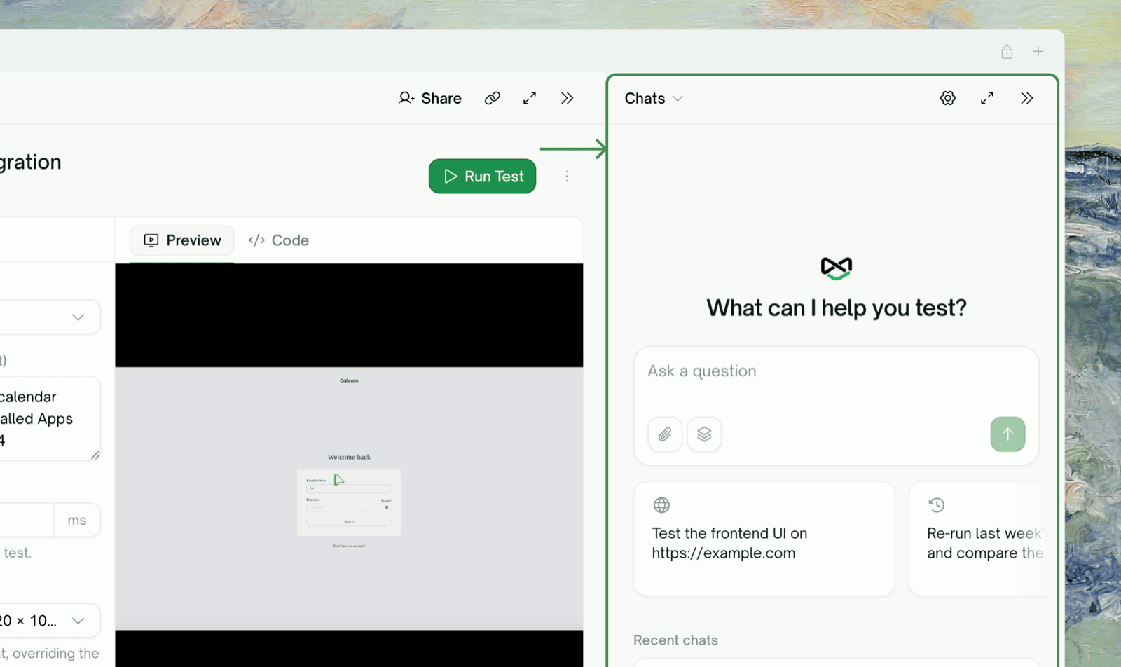 The Chats panel open beside a test case