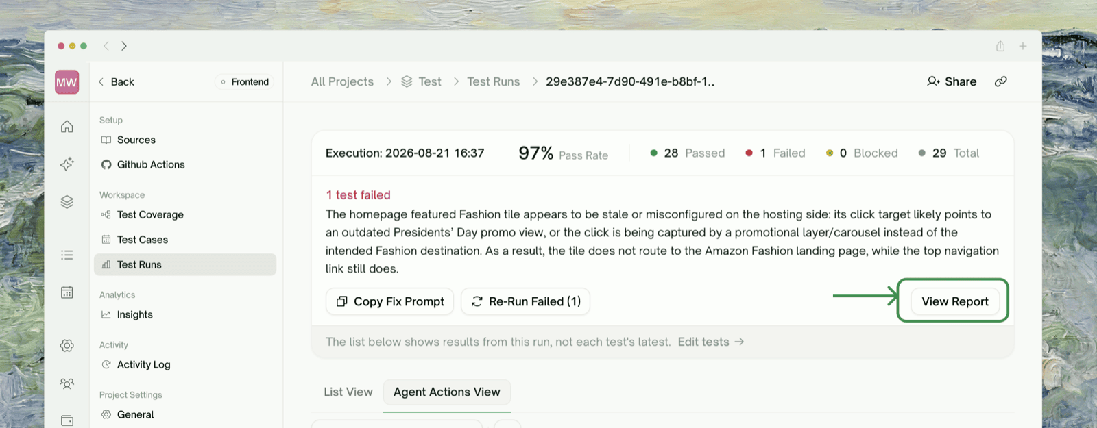 View Report on a run's page, which opens that run's report