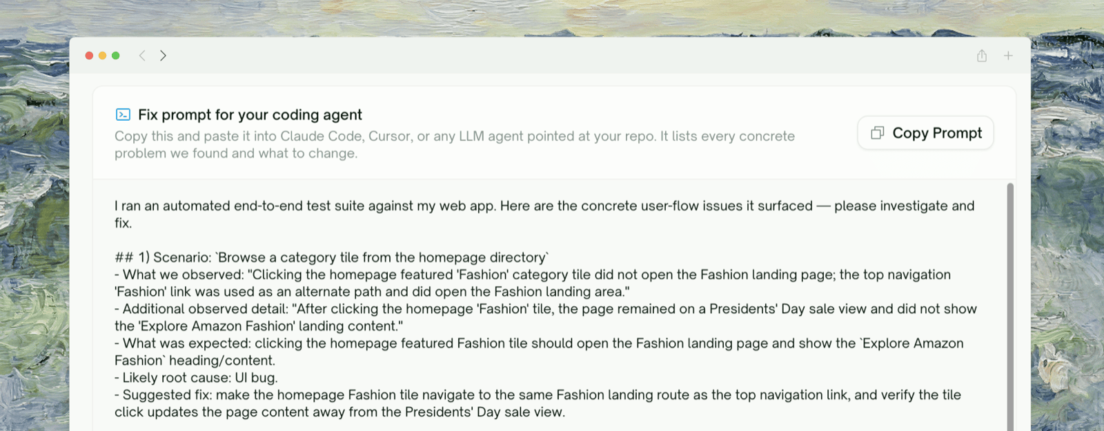 The Fix prompt for your coding agent card — a Copy Prompt button and the generated repo-oriented prompt