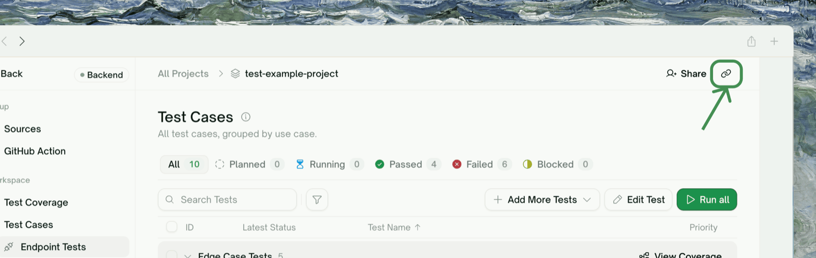 The copy-link icon beside Share in a project detail page header