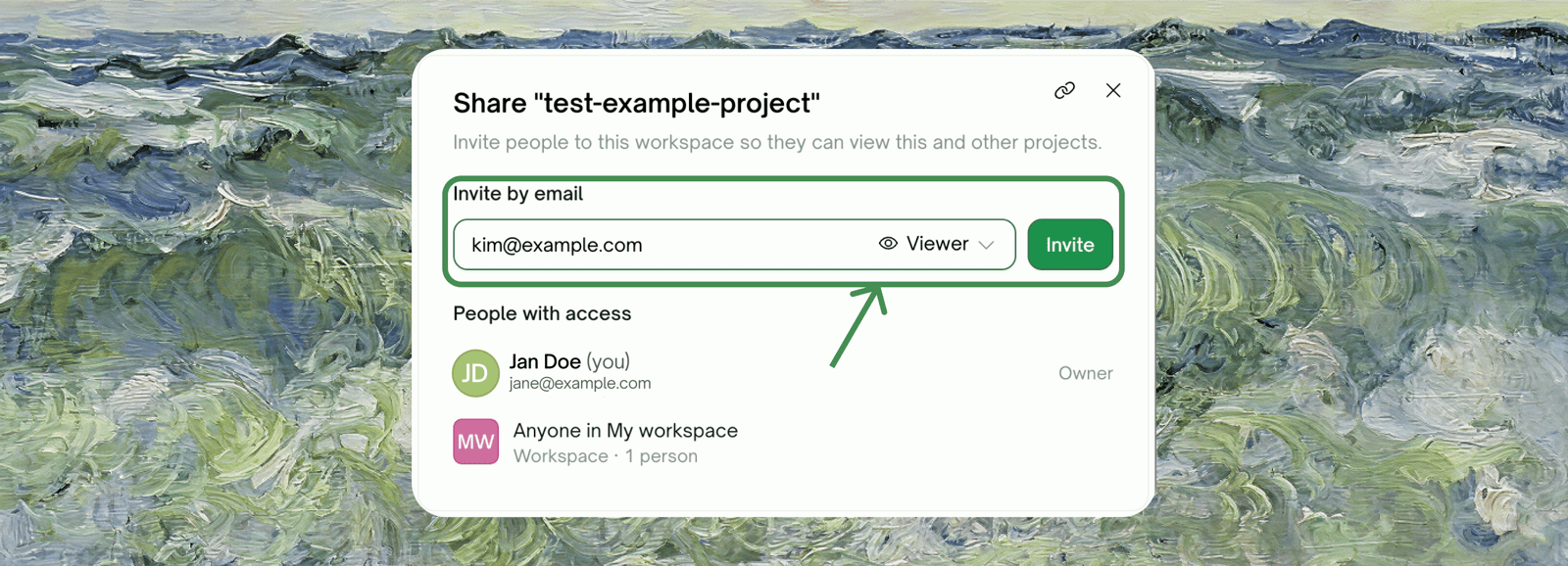 Share dialog — an email typed in with the role picker set to Viewer