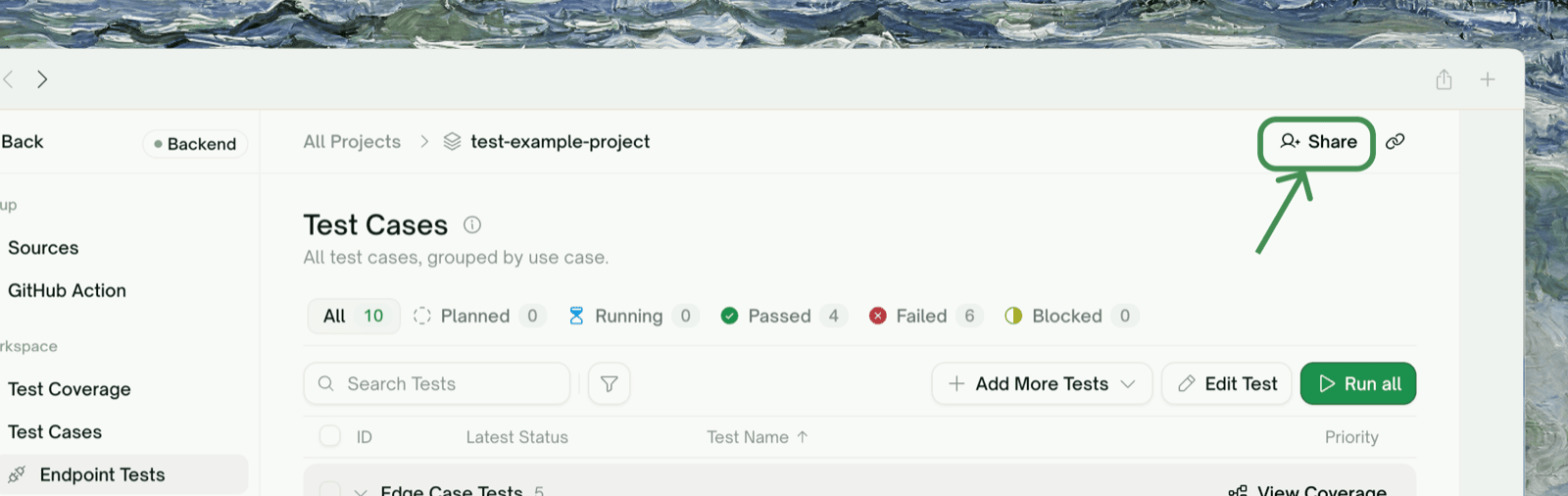The Share button in a project detail page header