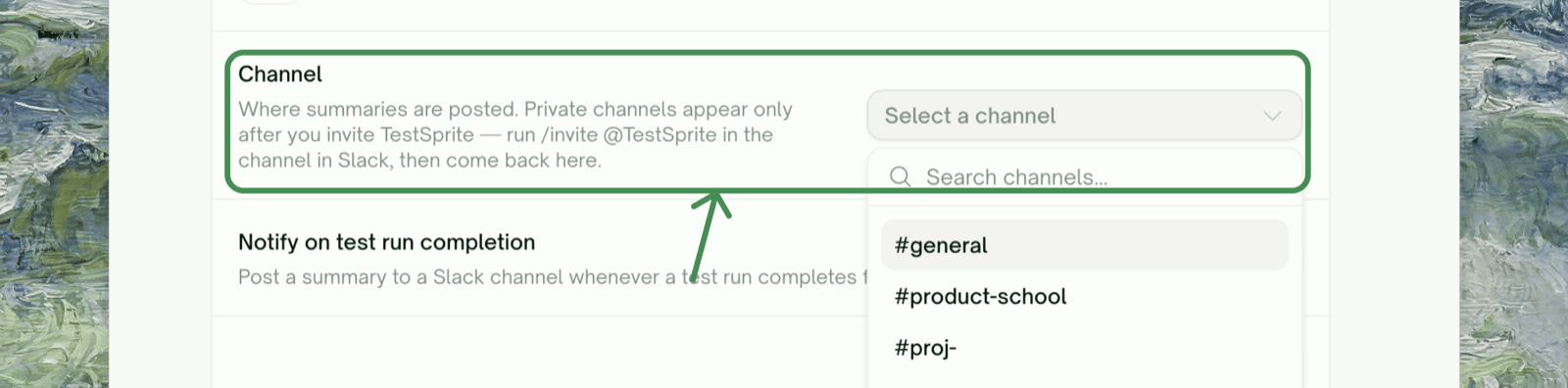 Notifications & Ticketing settings with the Slack channel picker open