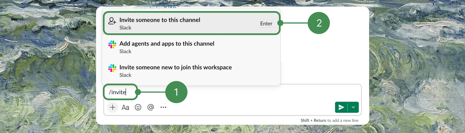 Typing /invite in a private Slack channel and choosing Invite someone to this channel