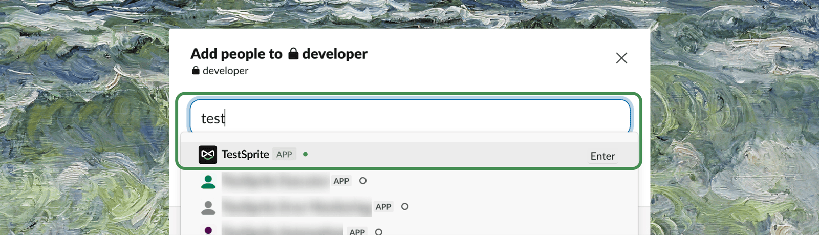 Selecting the TestSprite app in Slack's Add people dialog