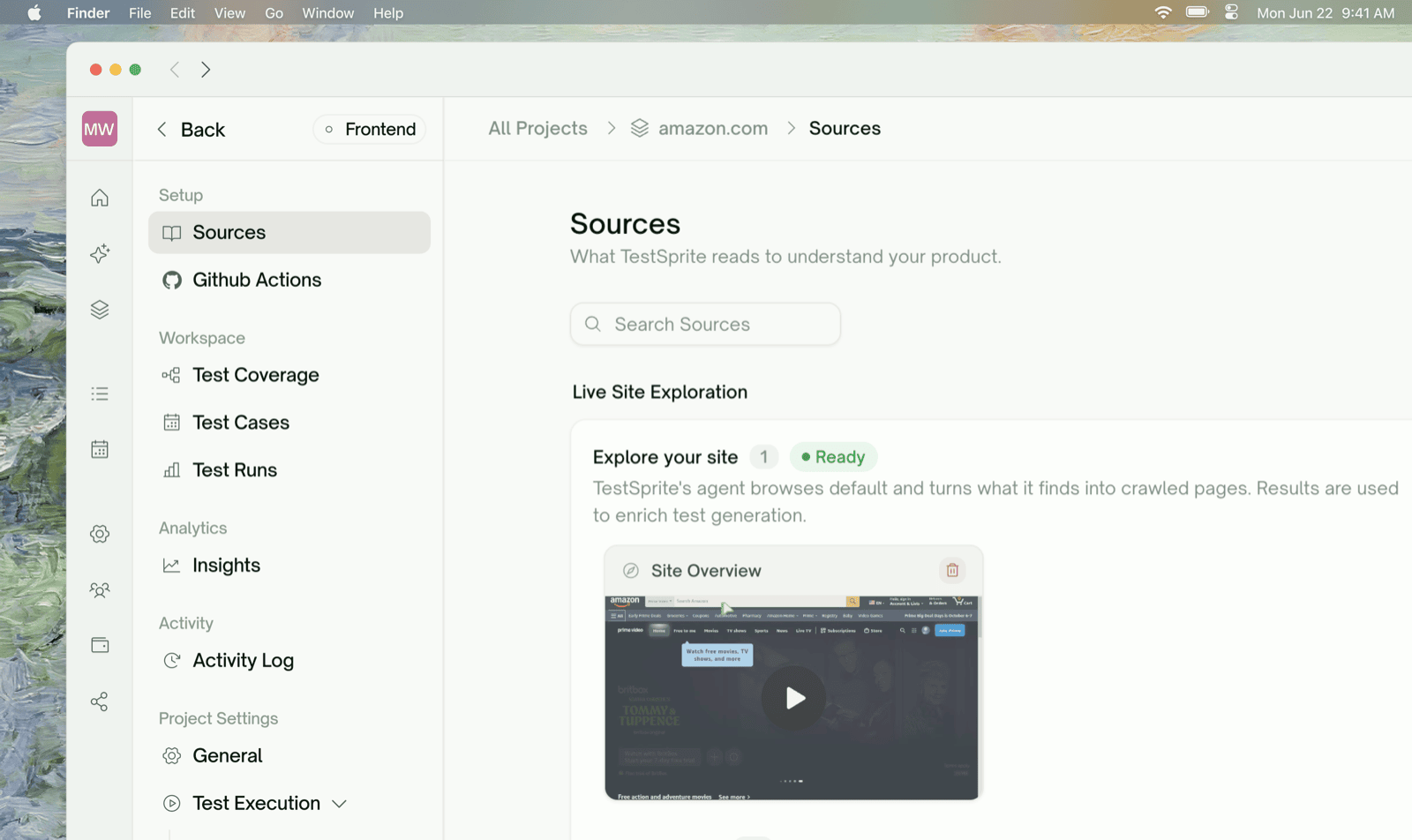 Sources page under Project Settings — Live Site Exploration and uploaded sources