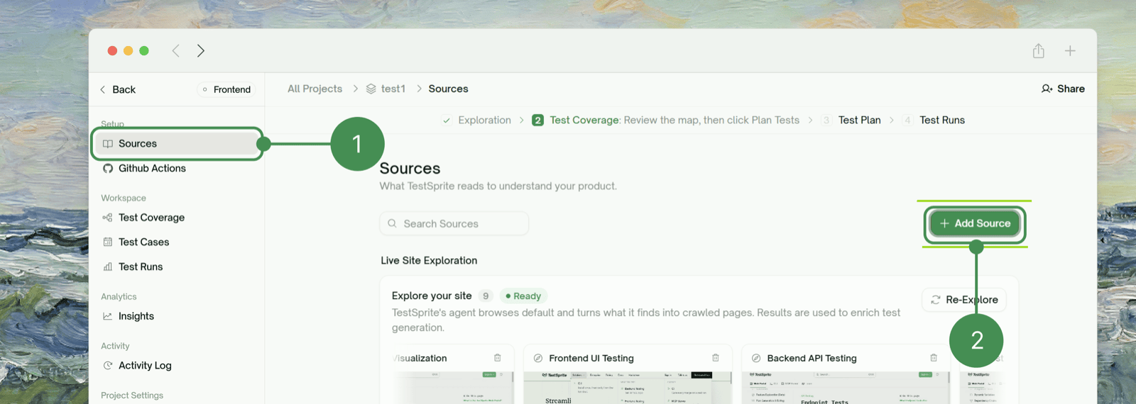 Sources page — Add Source and Live Site Exploration