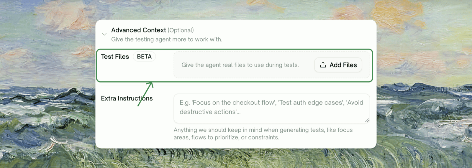 Test Files (Beta) upload in Advanced Context