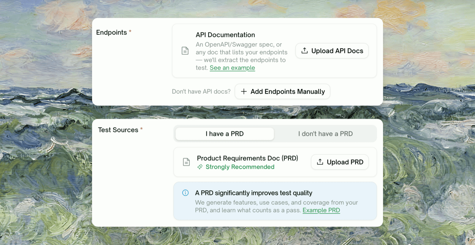 API doc and PRD upload during Backend project creation