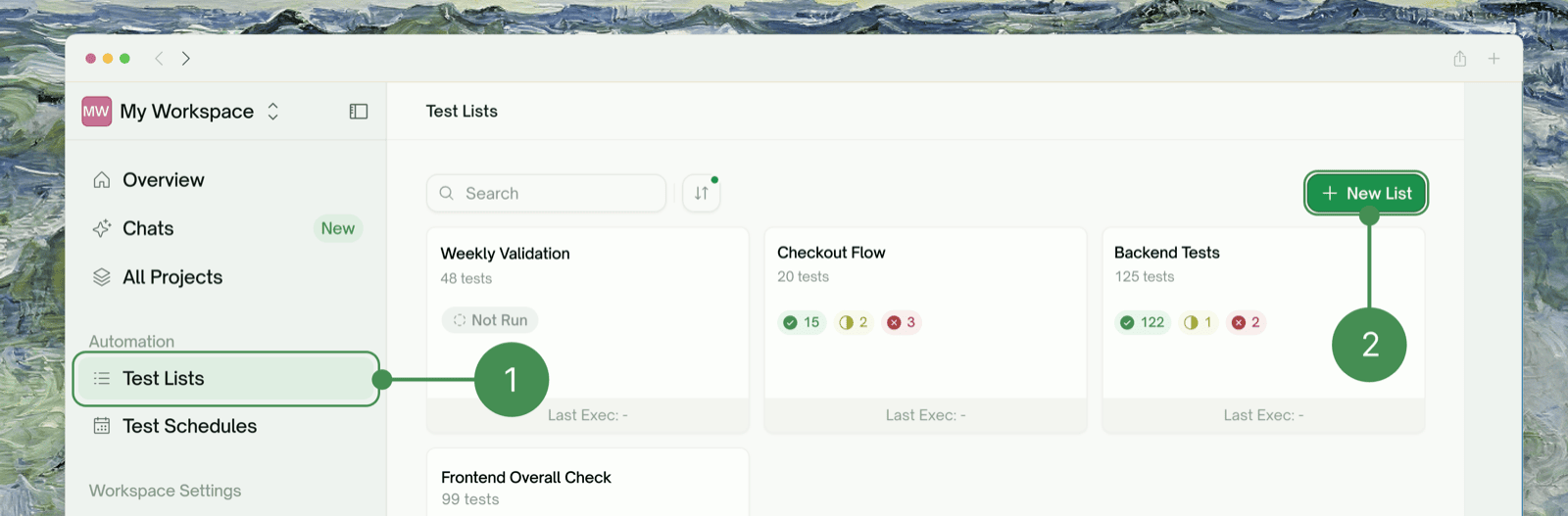Test Lists in the sidebar